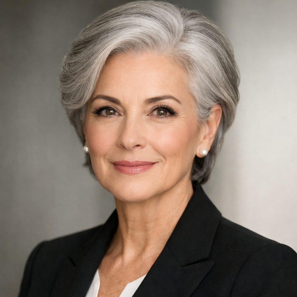 headshot of older woman grey hair polished
